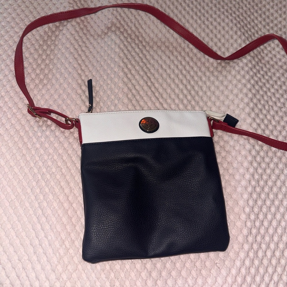 Tommy Hilfiger Black and White Crossbody Bag with Red Accents